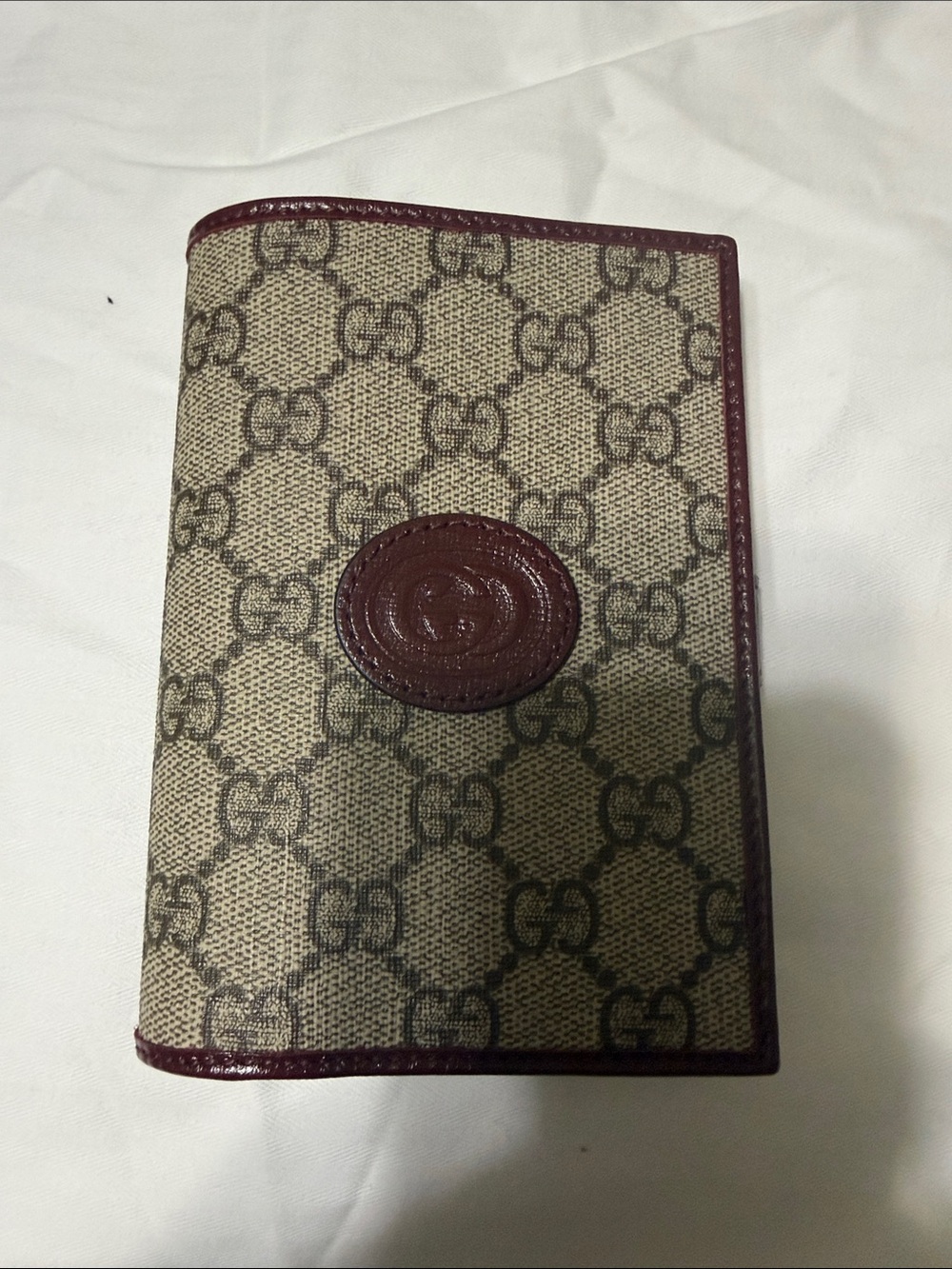 Gucci Beige GG Monogram Passport Cover with Burgundy Leather Trim